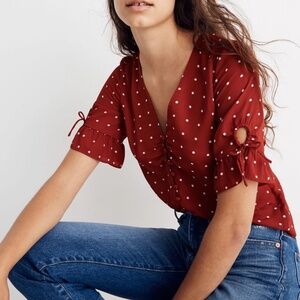 Madewell Rust Red Polka Dot V-Neck Blouse